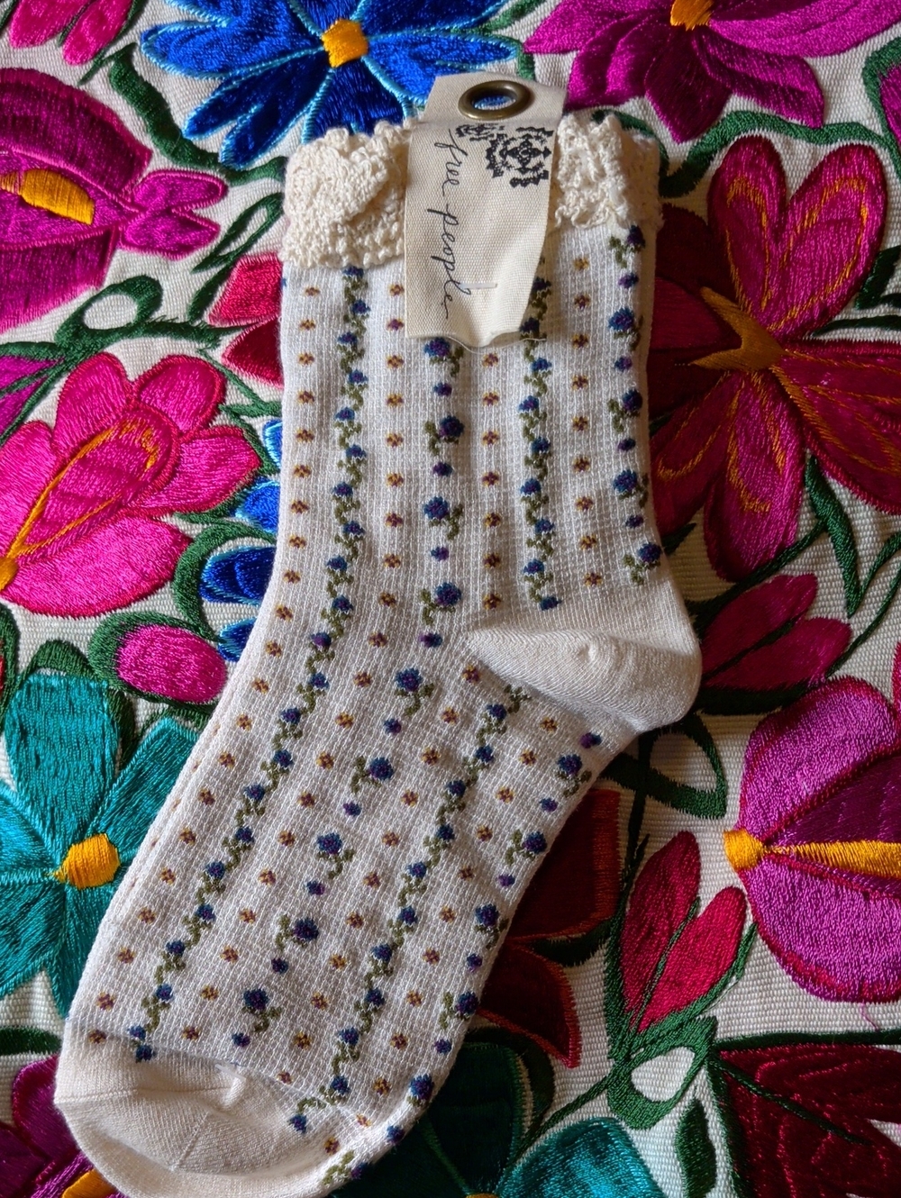 Free People Cream Ankle Socks with Blue and Brown Dot Pattern
